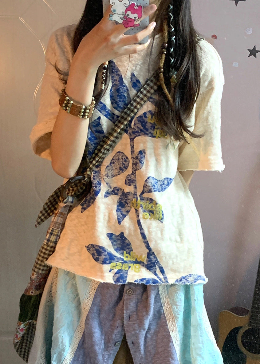 Sommerliche, beige Leinen-Tops mit Oversize-Print im Boho-Stil