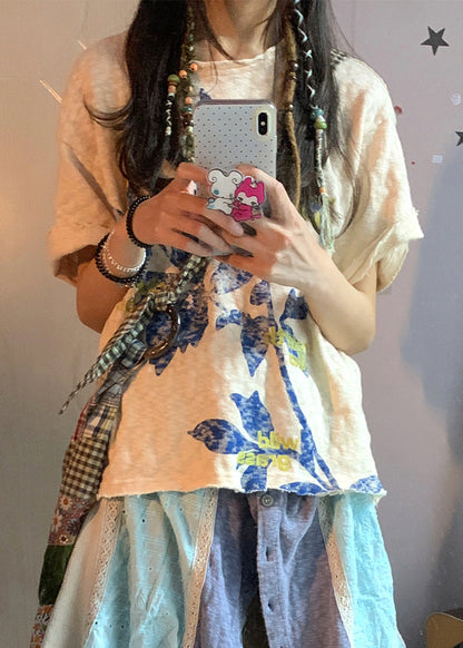 Sommerliche, beige Leinen-Tops mit Oversize-Print im Boho-Stil