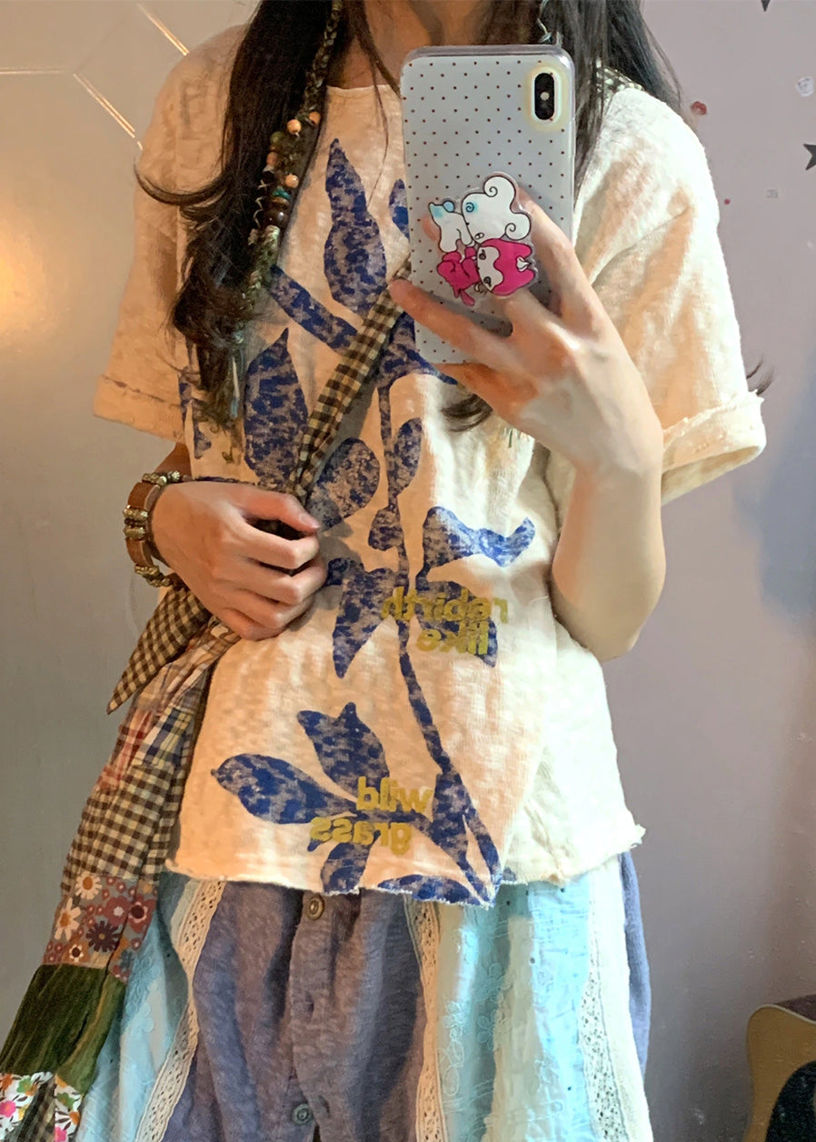 Sommerliche, beige Leinen-Tops mit Oversize-Print im Boho-Stil