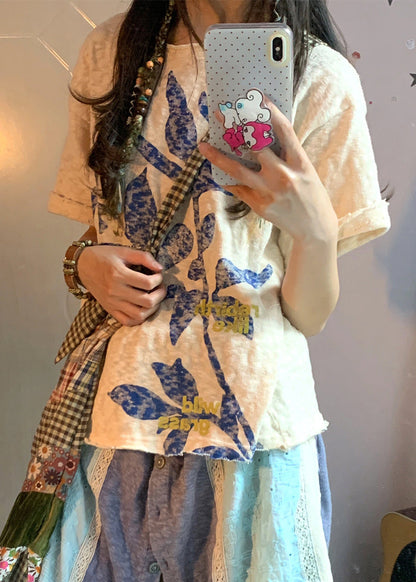 Sommerliche, beige Leinen-Tops mit Oversize-Print im Boho-Stil