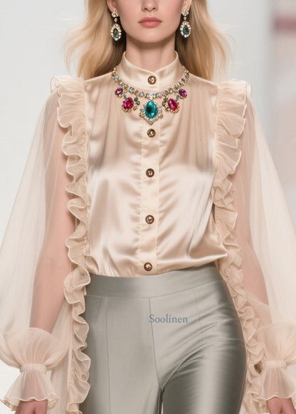 Bohemian Beige Ruffled Patchwork Chiffon Long Tops Summer