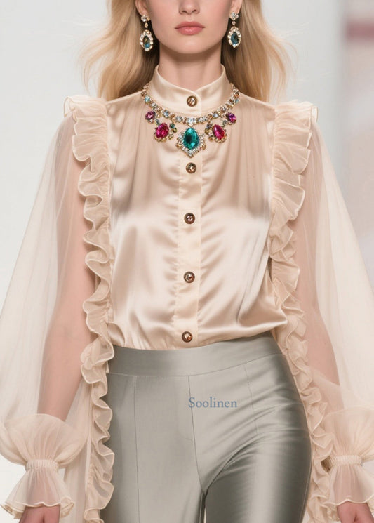 Bohemian Beige Ruffled Patchwork Chiffon Long Tops Summer