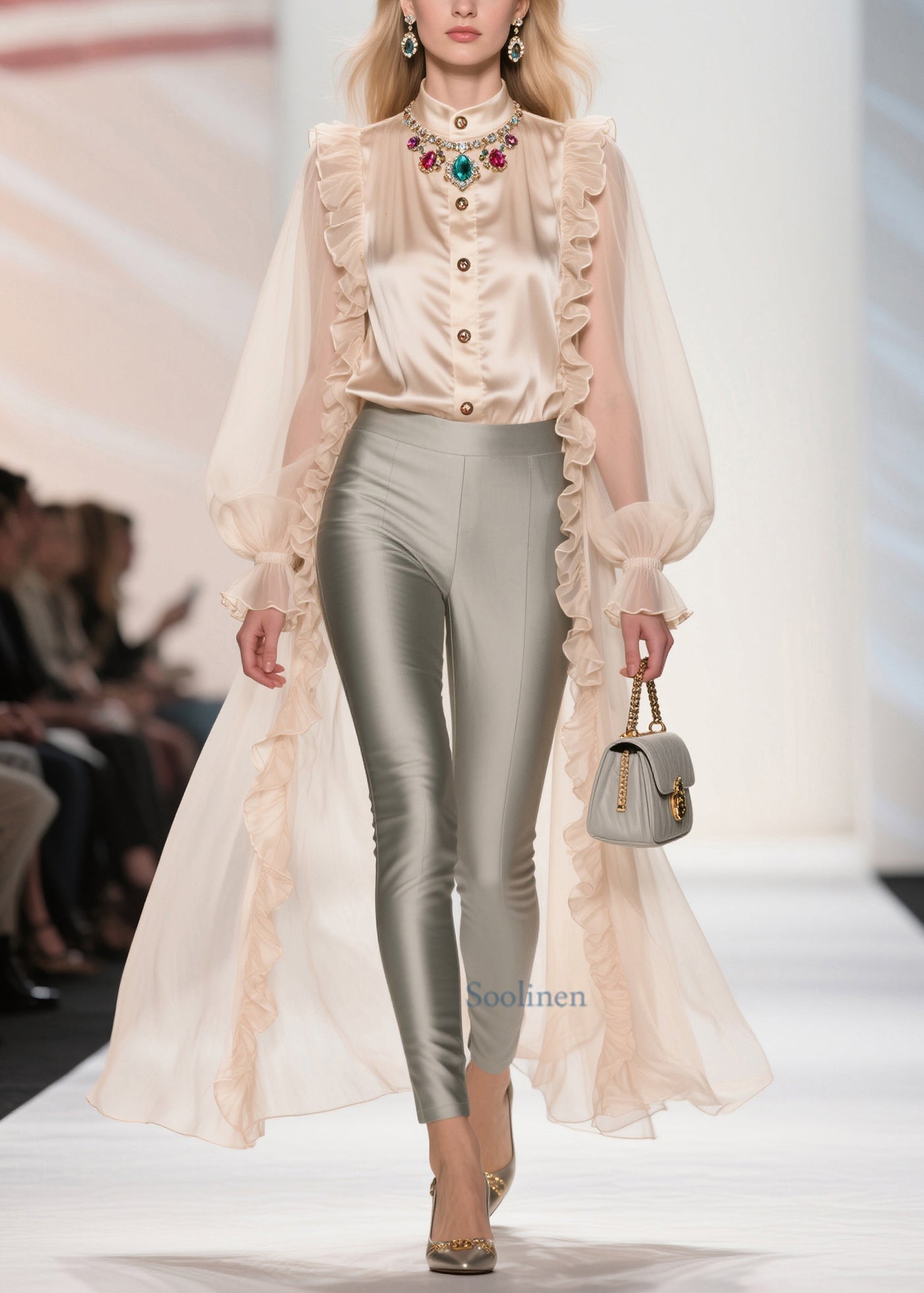 Bohemian Beige Ruffled Patchwork Chiffon Long Tops Summer