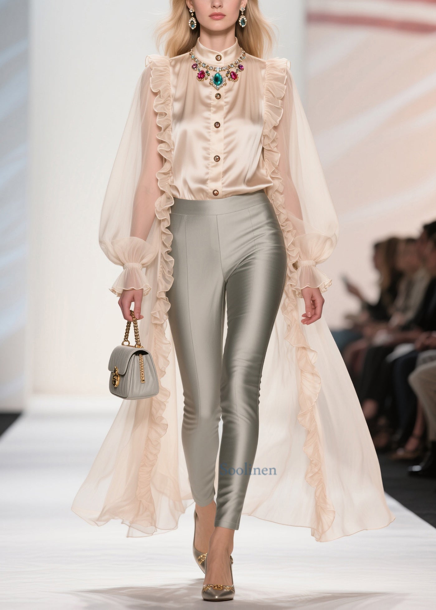 Bohemian Beige Ruffled Patchwork Chiffon Long Tops Summer