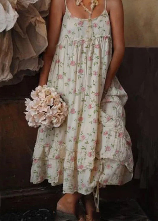 Bohemian Beige Rüschendruck Baumwolle Spaghettiträger Kleid Ärmellos