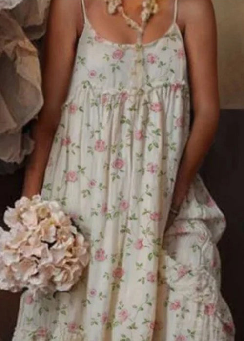 Bohemian Beige Rüschendruck Baumwolle Spaghettiträger Kleid Ärmellos