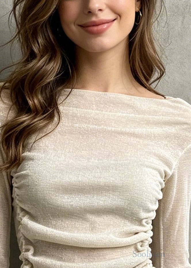 Bohemian Beige Slash Neck Cinched Tulle Shirt Summer