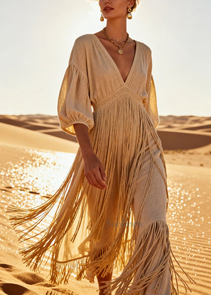 Bohemian Beige Tasseled Linen Vacation Dresses Summer