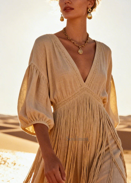 Bohemian Beige Tasseled Linen Vacation Dresses Summer