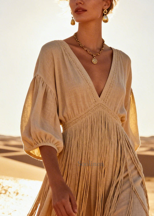 Bohemian Beige Tasseled Linen Vacation Dresses Summer