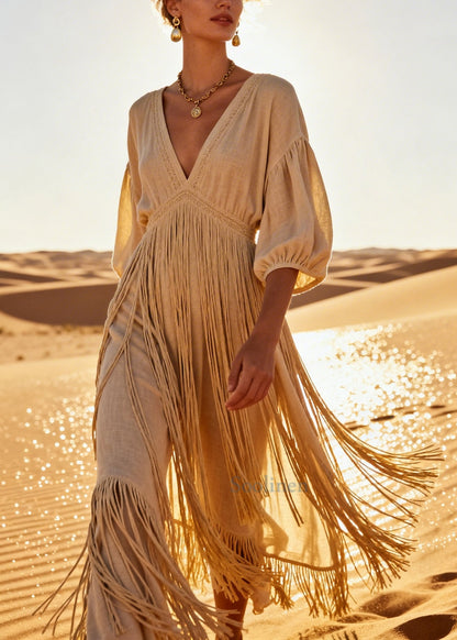 Bohemian Beige Tasseled Linen Vacation Dresses Summer
