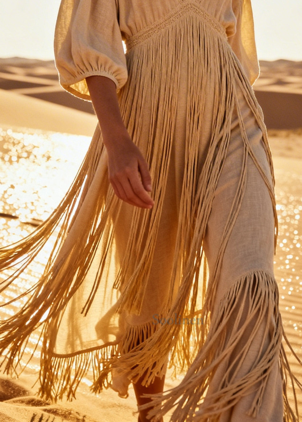 Bohemian Beige Tasseled Linen Vacation Dresses Summer