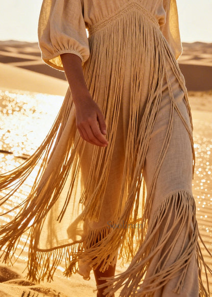 Bohemian Beige Tasseled Linen Vacation Dresses Summer