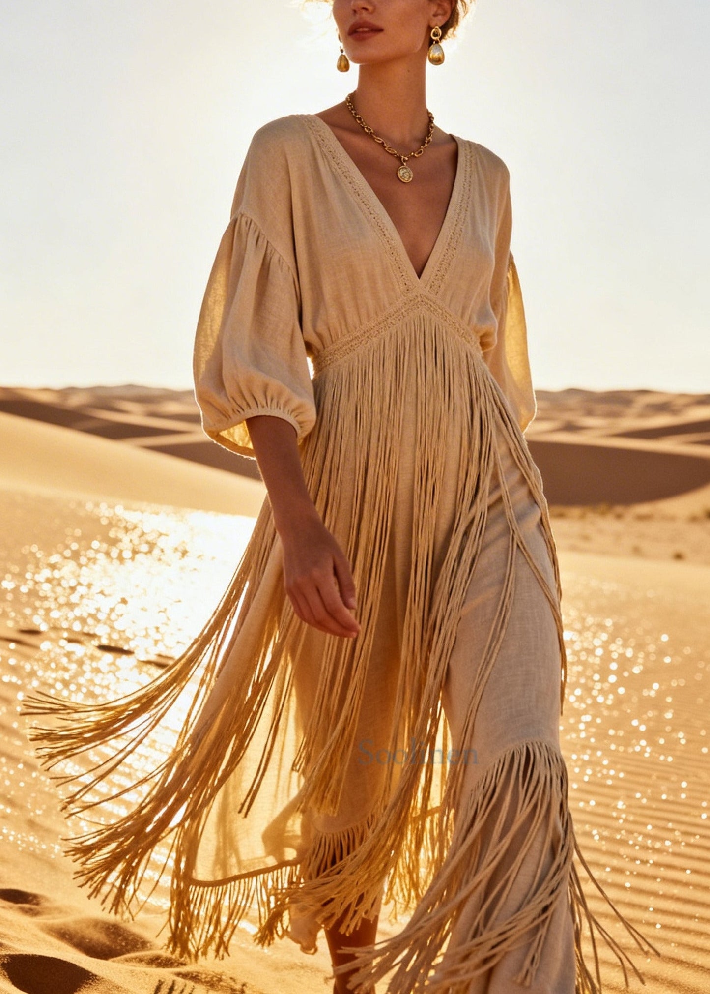 Bohemian Beige Tasseled Linen Vacation Dresses Summer