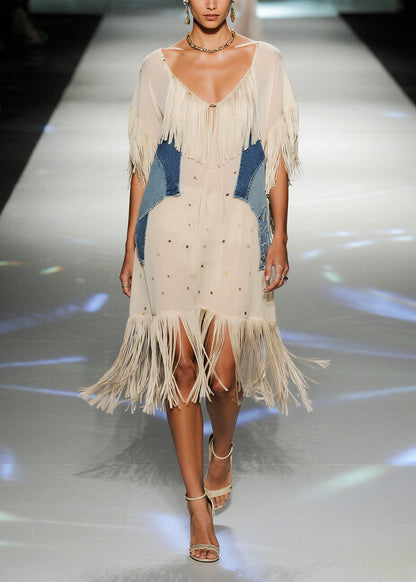 Bohemian Beige Tasseled Patchwork Chiffon Vacation Dress Summer