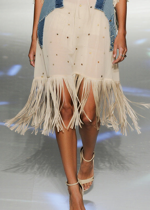 Bohemian Beige Tasseled Patchwork Chiffon Vacation Dress Summer