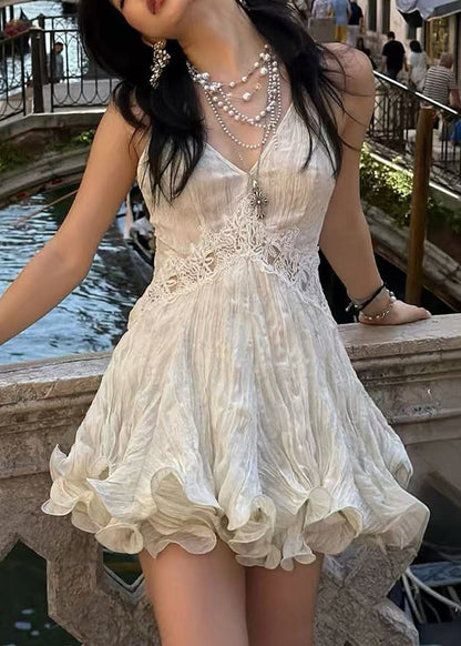 Bohemian Beige V Neck Patchwork Lace Tea Dress Summer