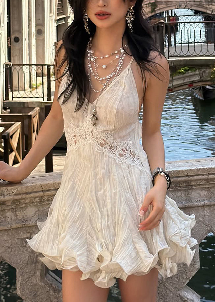 Bohemian Beige V Neck Patchwork Lace Tea Dress Summer