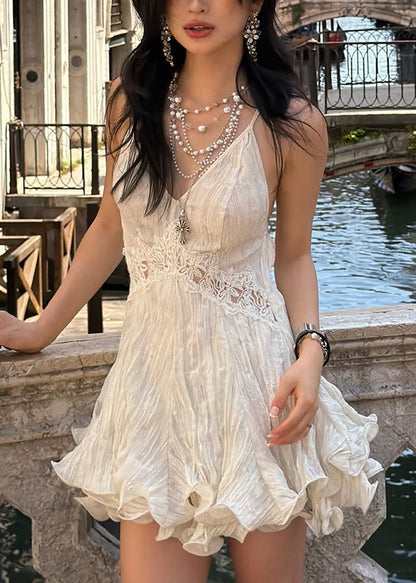 Bohemian Beige V Neck Patchwork Lace Tea Dress Summer
