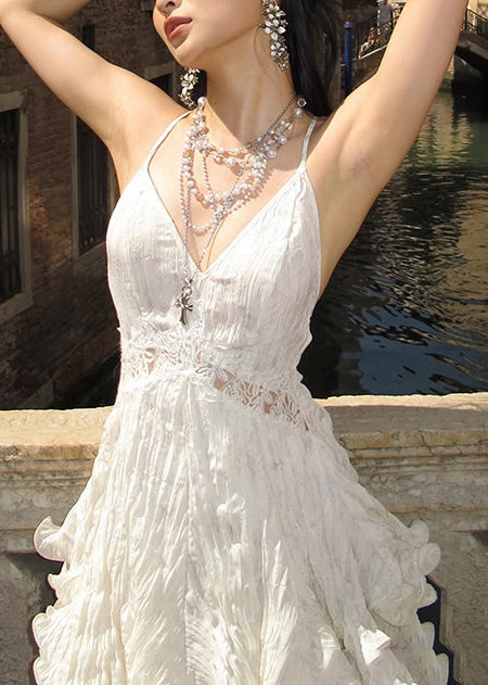 Bohemian Beige V Neck Patchwork Lace Tea Dress Summer