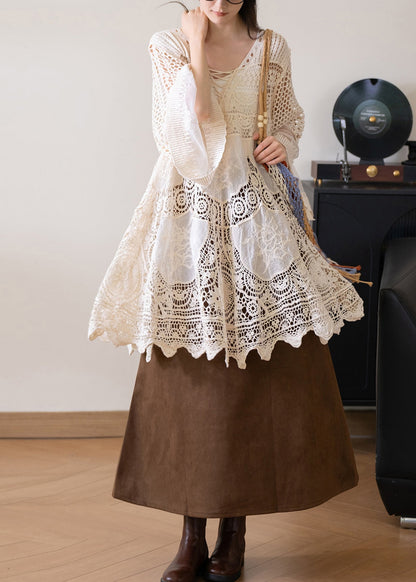 Bohemian Beige V Neck Tulle Patchwork Hollow Out Smock Flare Sleeve