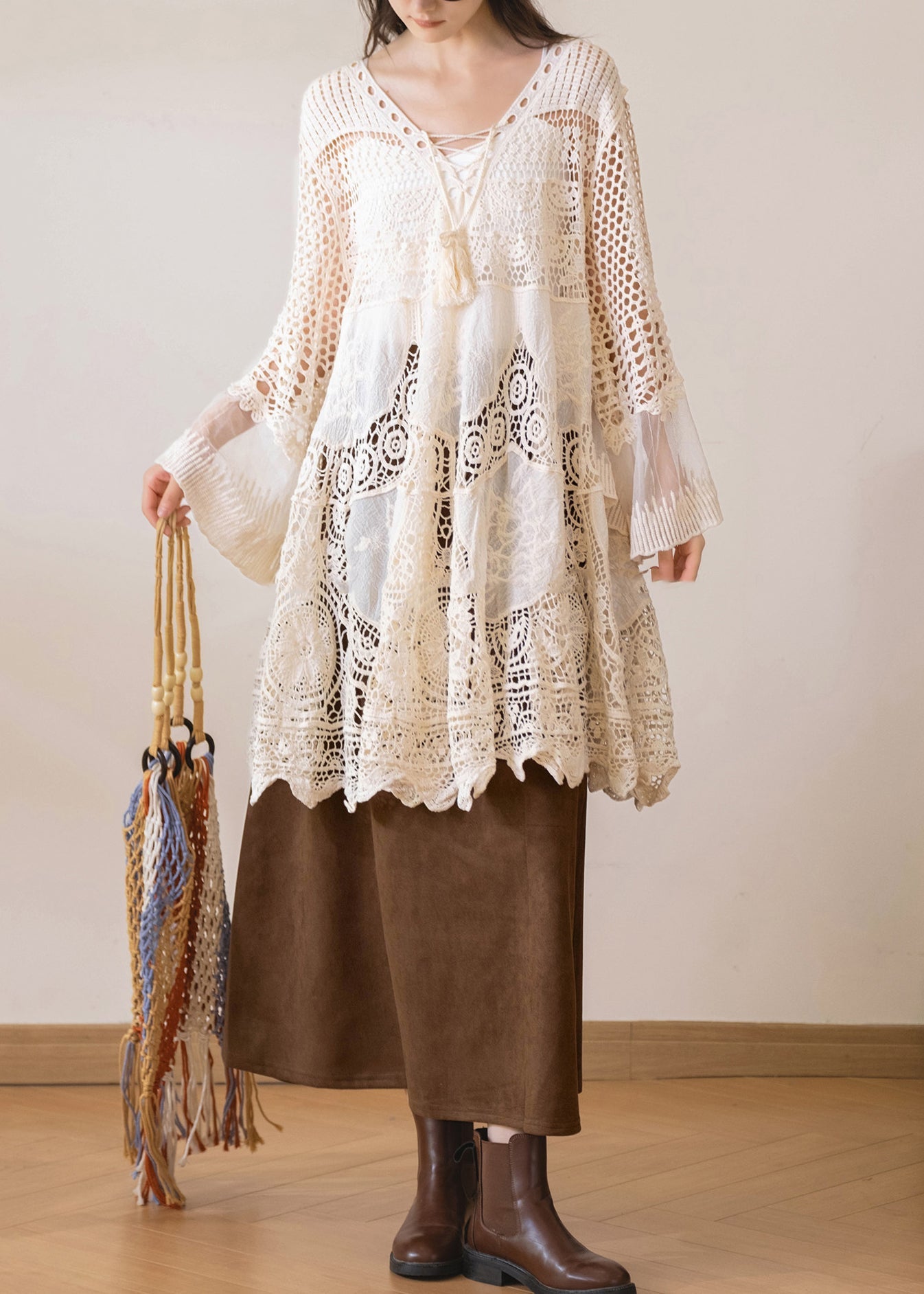 Bohemian Beige V Neck Tulle Patchwork Hollow Out Smock Flare Sleeve