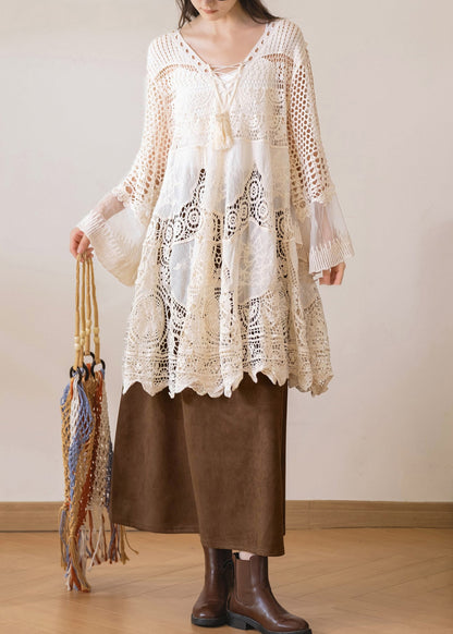Bohemian Beige V Neck Tulle Patchwork Hollow Out Smock Flare Sleeve