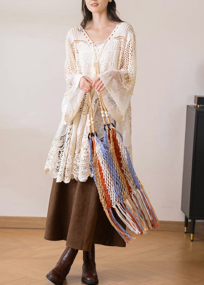 Bohemian Beige V Neck Tulle Patchwork Hollow Out Smock Flare Sleeve