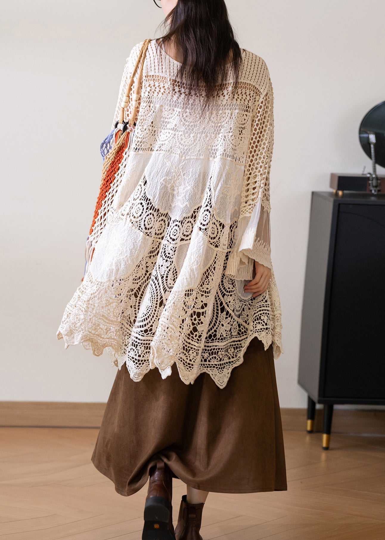 Bohemian Beige V Neck Tulle Patchwork Hollow Out Smock Flare Sleeve
