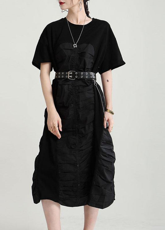 Bohemian Black Cinched O-Neck Patchwork Summer Button Dresses - SooLinen