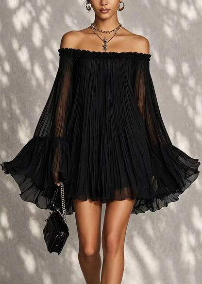 Bohemian Black Cold Shoulder Wrinkled Chiffon Day Dress Summer