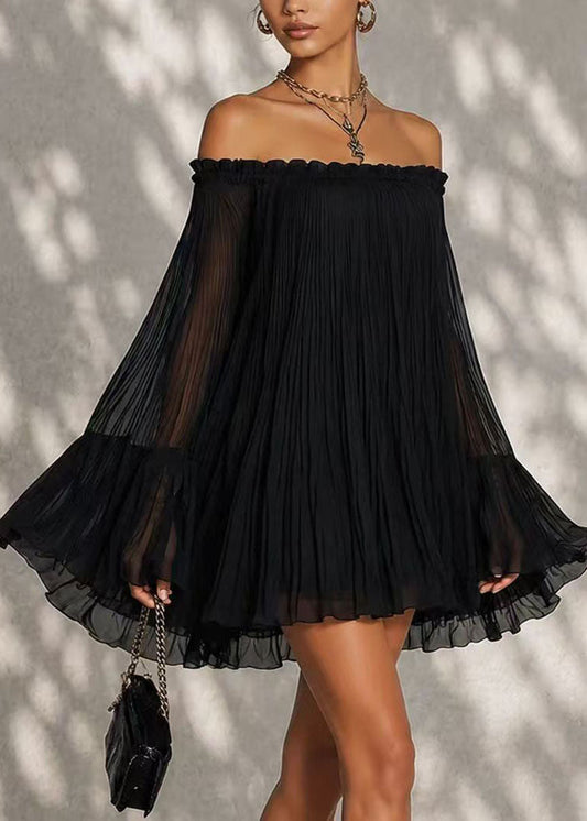 Bohemian Black Cold Shoulder Wrinkled Chiffon Day Dress Summer