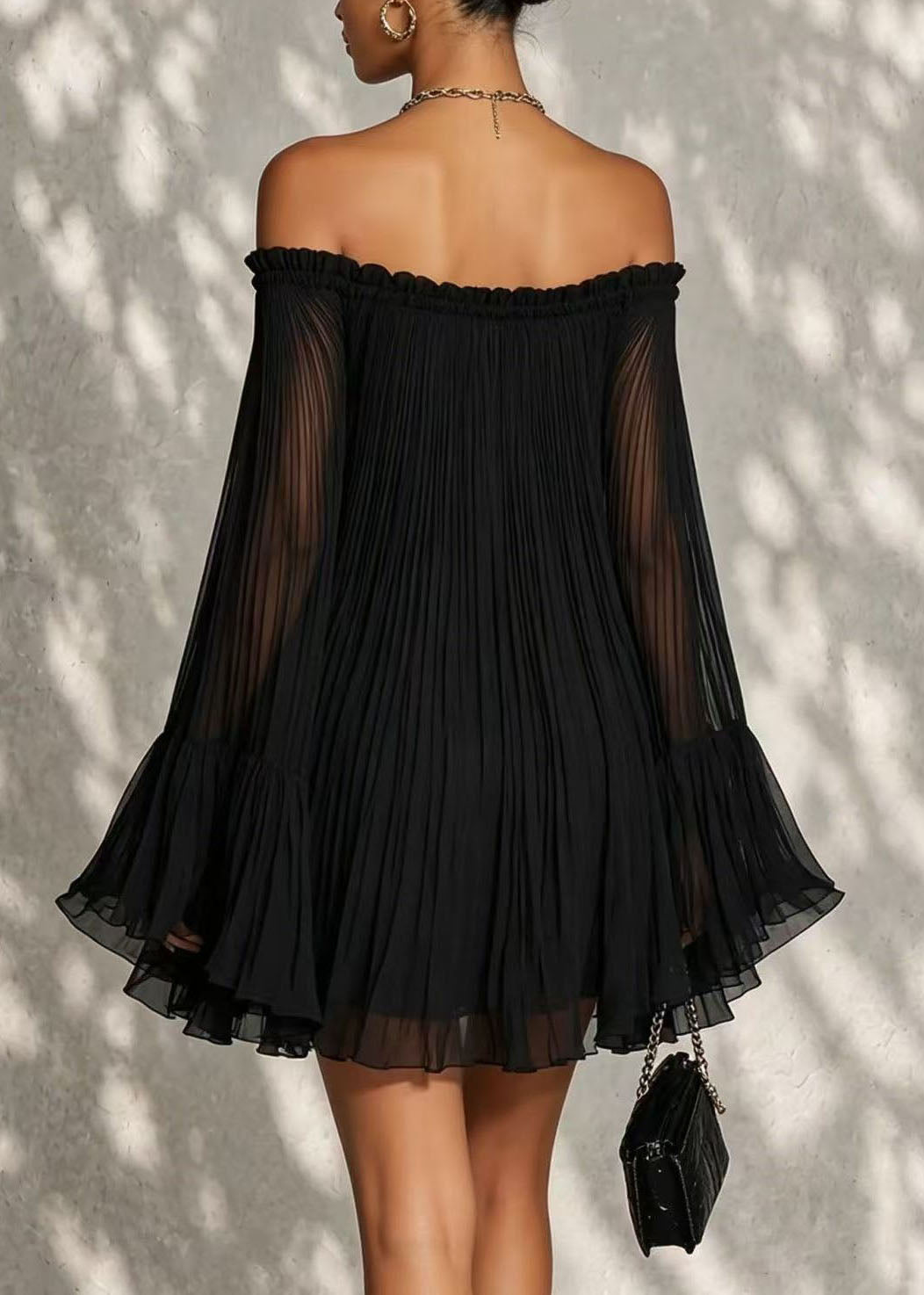 Bohemian Black Cold Shoulder Wrinkled Chiffon Day Dress Summer