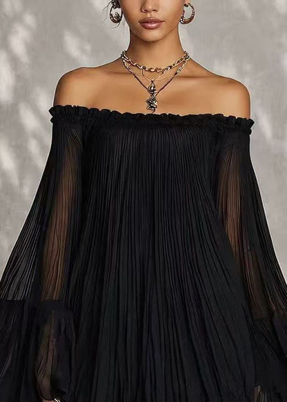 Bohemian Black Cold Shoulder Wrinkled Chiffon Day Dress Summer