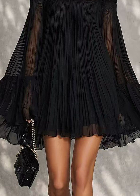 Bohemian Black Cold Shoulder Wrinkled Chiffon Day Dress Summer