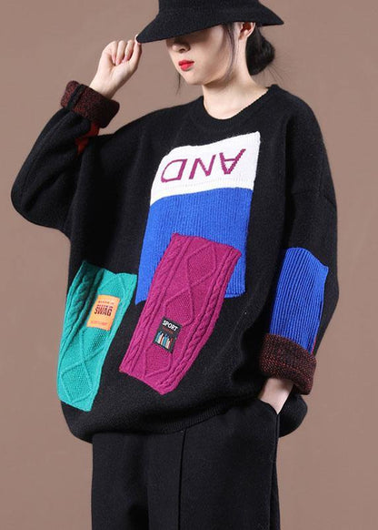 Bohemian Black Colorblock Letter Fall Knit Sweater - SooLinen