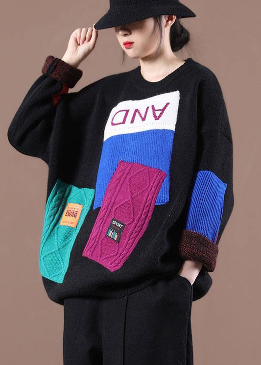 Bohemian Black Colorblock Letter Fall Knit Sweater - SooLinen