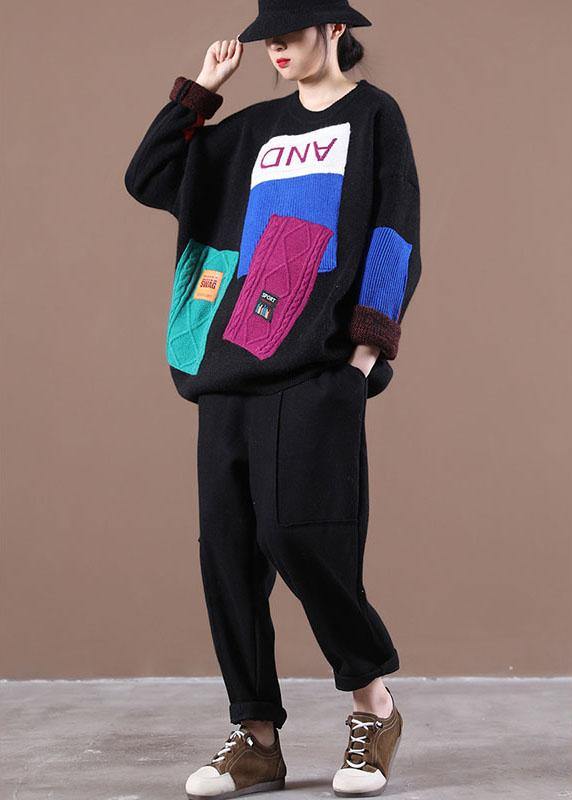 Bohemian Black Colorblock Letter Fall Knit Sweater - SooLinen