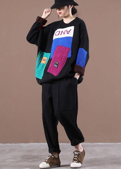 Bohemian Black Colorblock Letter Fall Knit Sweater - SooLinen