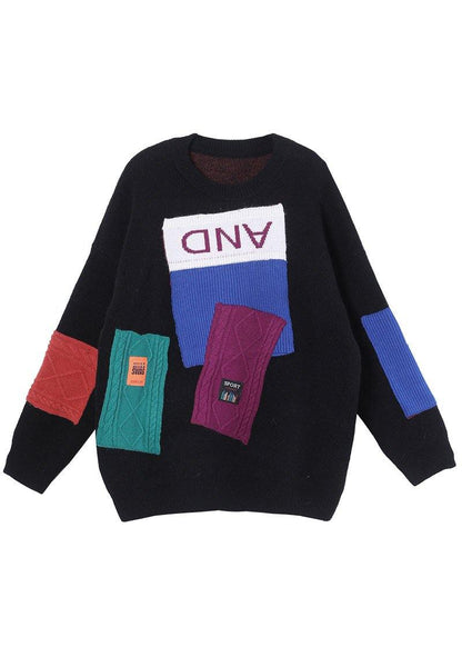 Bohemian Black Colorblock Letter Fall Knit Sweater - SooLinen