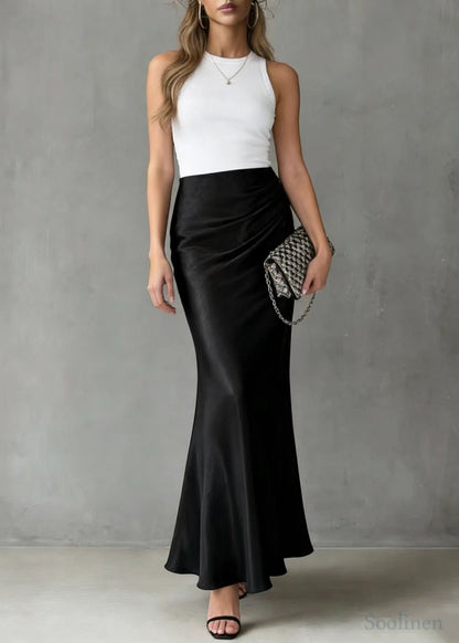 Bohemian Black Elastic Waist Draping Silk Wraped Skirt Spring