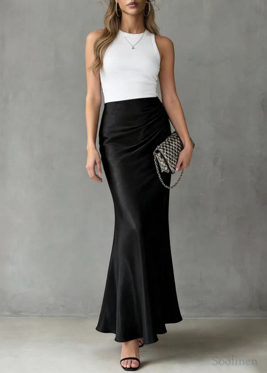 Bohemian Black Elastic Waist Draping Silk Wraped Skirt Spring