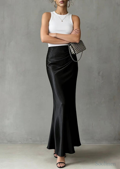 Bohemian Black Elastic Waist Draping Silk Wraped Skirt Spring
