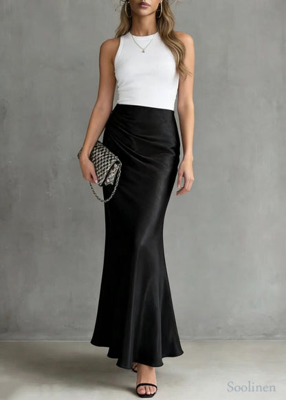 Bohemian Black Elastic Waist Draping Silk Wraped Skirt Spring