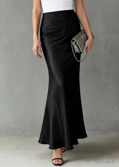 Bohemian Black Elastic Waist Draping Silk Wraped Skirt Spring