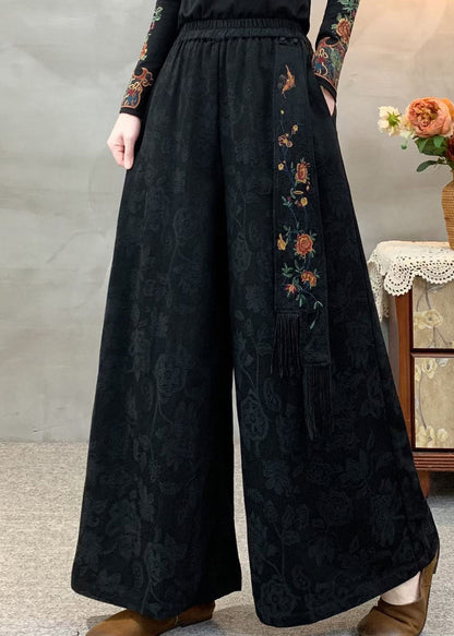 Schwarze Boho-Hose aus Jacquard-Baumwolle mit elastischem Bund und Taschen für den Herbst