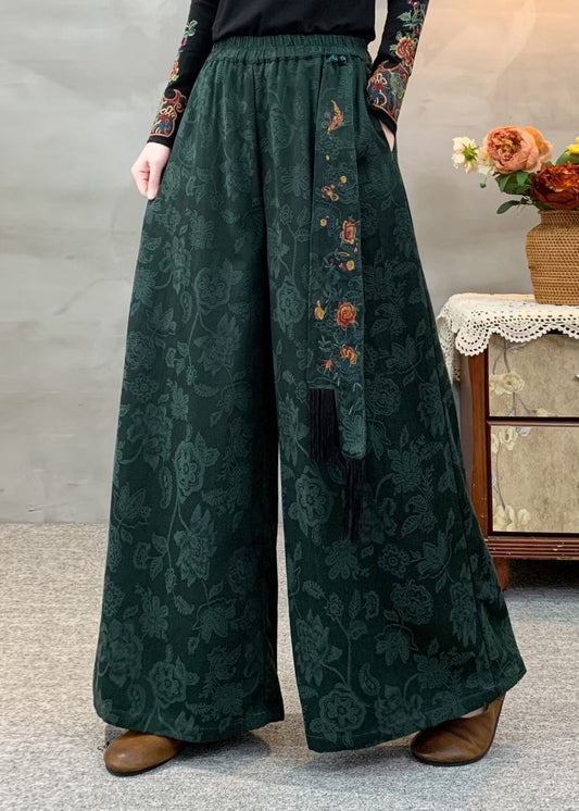 Bohemian Black Elastic Waist Pockets Jacquard Cotton Pants Fall