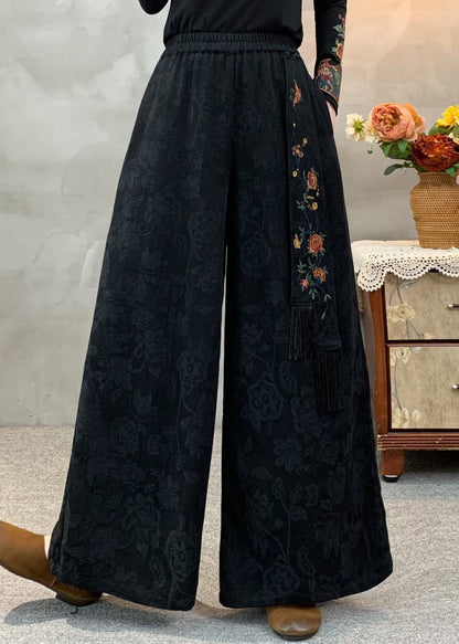 Schwarze Boho-Hose aus Jacquard-Baumwolle mit elastischem Bund und Taschen für den Herbst