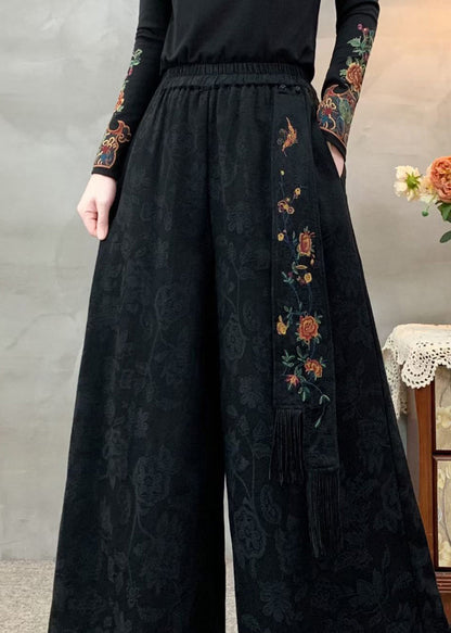 Schwarze Boho-Hose aus Jacquard-Baumwolle mit elastischem Bund und Taschen für den Herbst