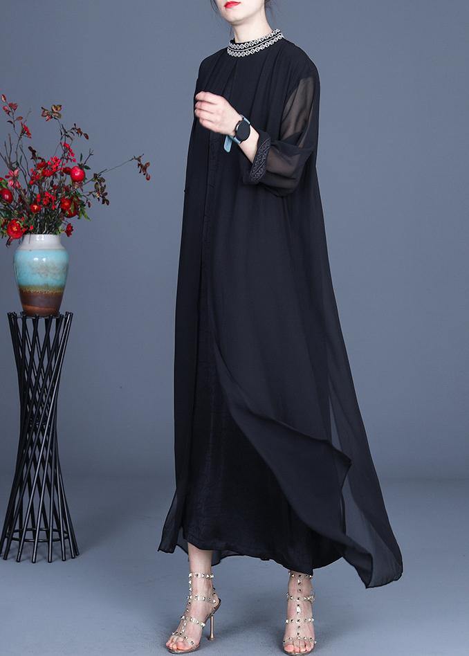 Bohemian Black Embroidery Oversize Maxi Summer Spring Chiffon Dress - SooLinen